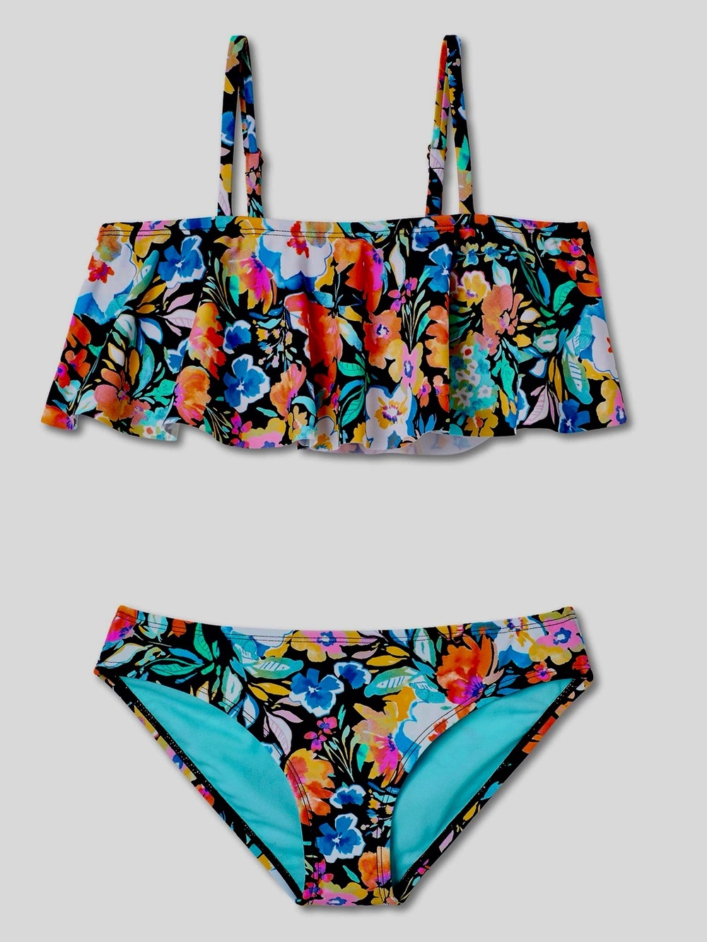 NWT Raisins Black Floral Ruffle Girls' Bikini - Multicolor, Size 7.